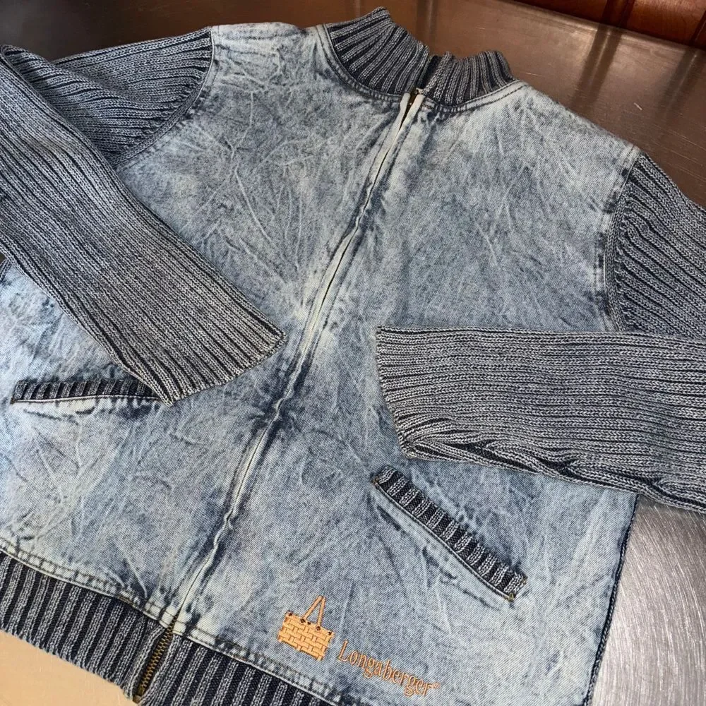 VTG 90s Longaberger Homestead Denim Full Zip Sweater‎ Jacket Embroidered Medium - Picture 2 of 9